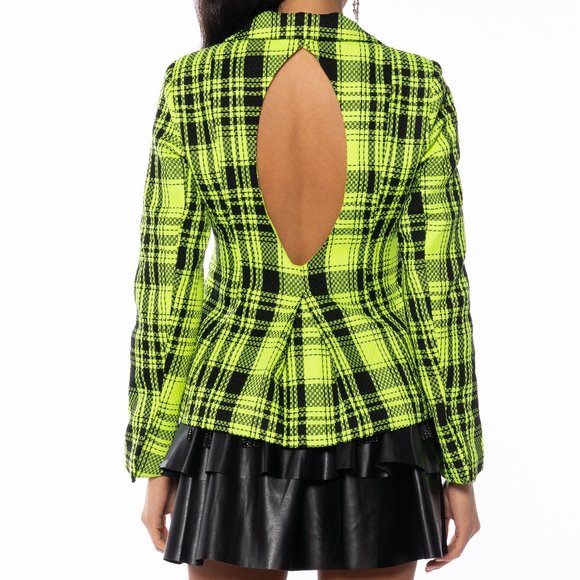Callie Lives Neon Her Berry AKIRA Plaid About You Open Back Blazer L - Picture 2 of 6